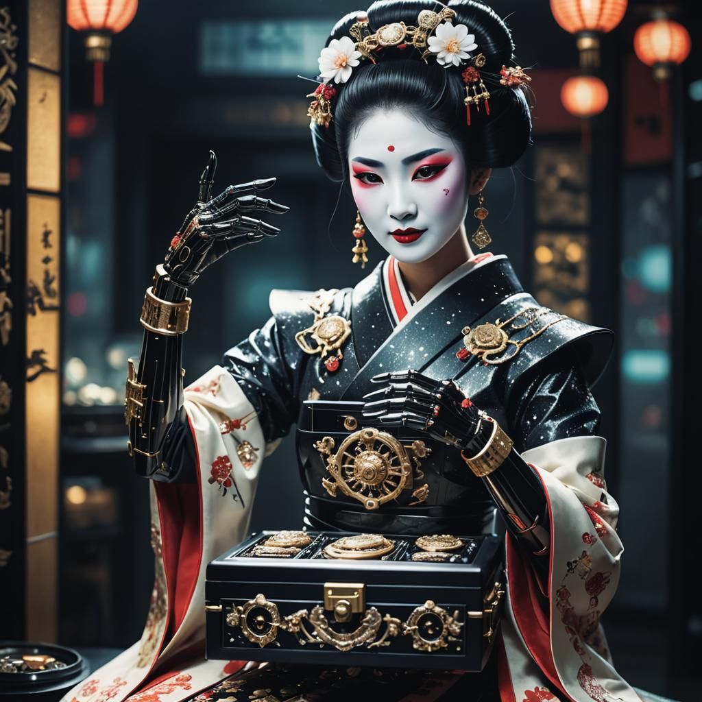 Robotic Geisha with Jewelry Box, Hyperrealistic