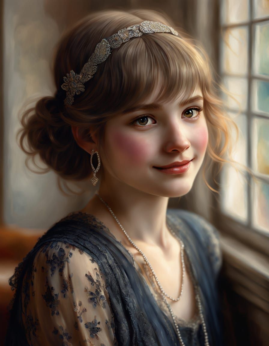 1920s Woman in Flapper Dress, Impressionistic Oil Painting