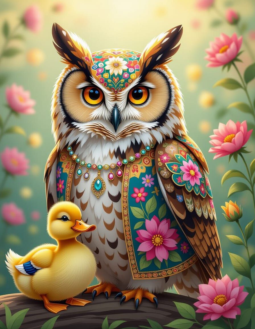 Patchwork Owl Portrait in Floral Dress with Duck