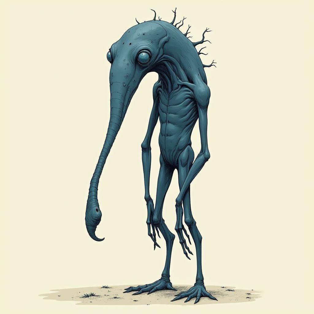 Dark Blue Creature with Long Arms, Moebius Style