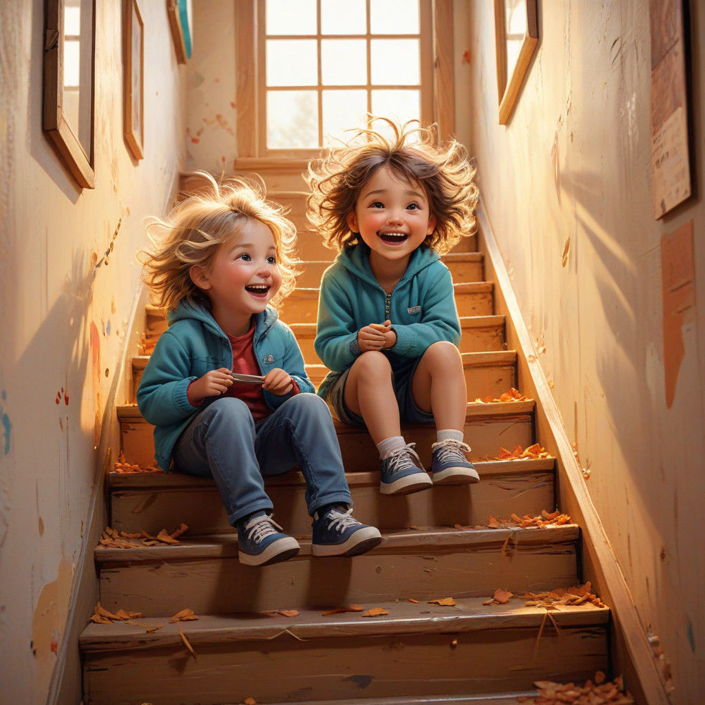 Joyful Children's Whimsical Descent Down Staircase