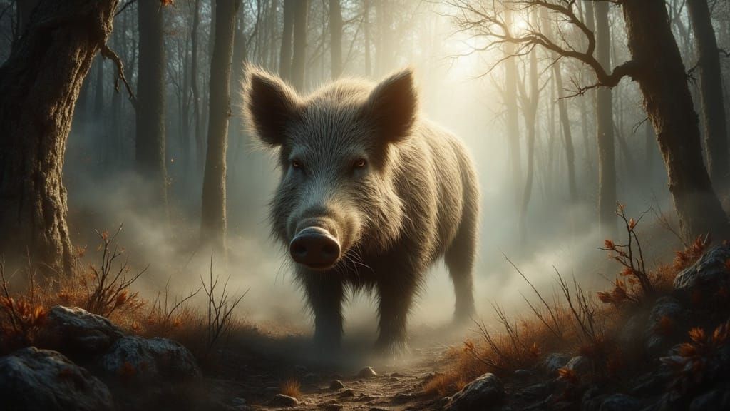 Majestic Wild Boar in Misty Forest Landscape