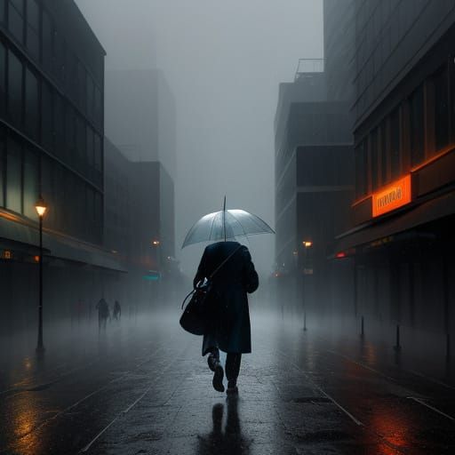 Splash Art of Figure in Rainy City Street