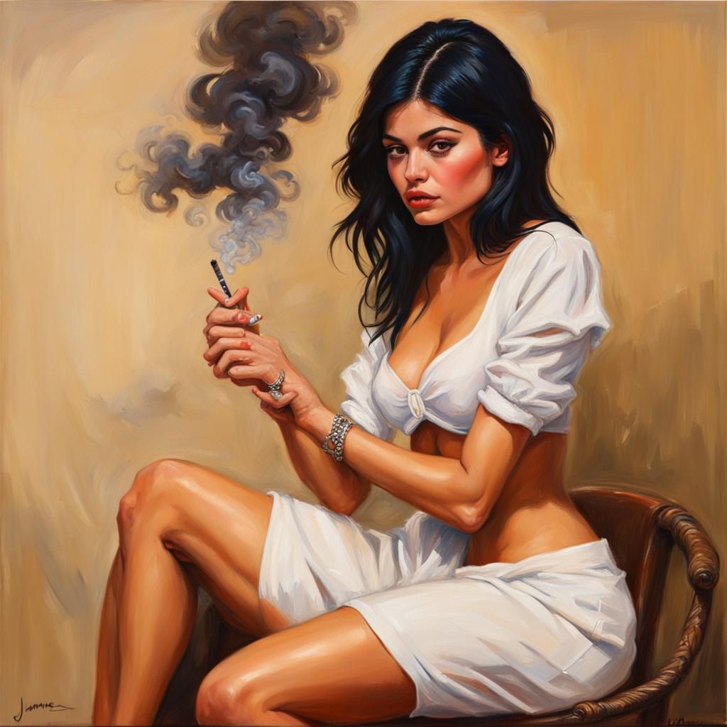 Dramatic Oil Painting of a Dominatrix Smoking
