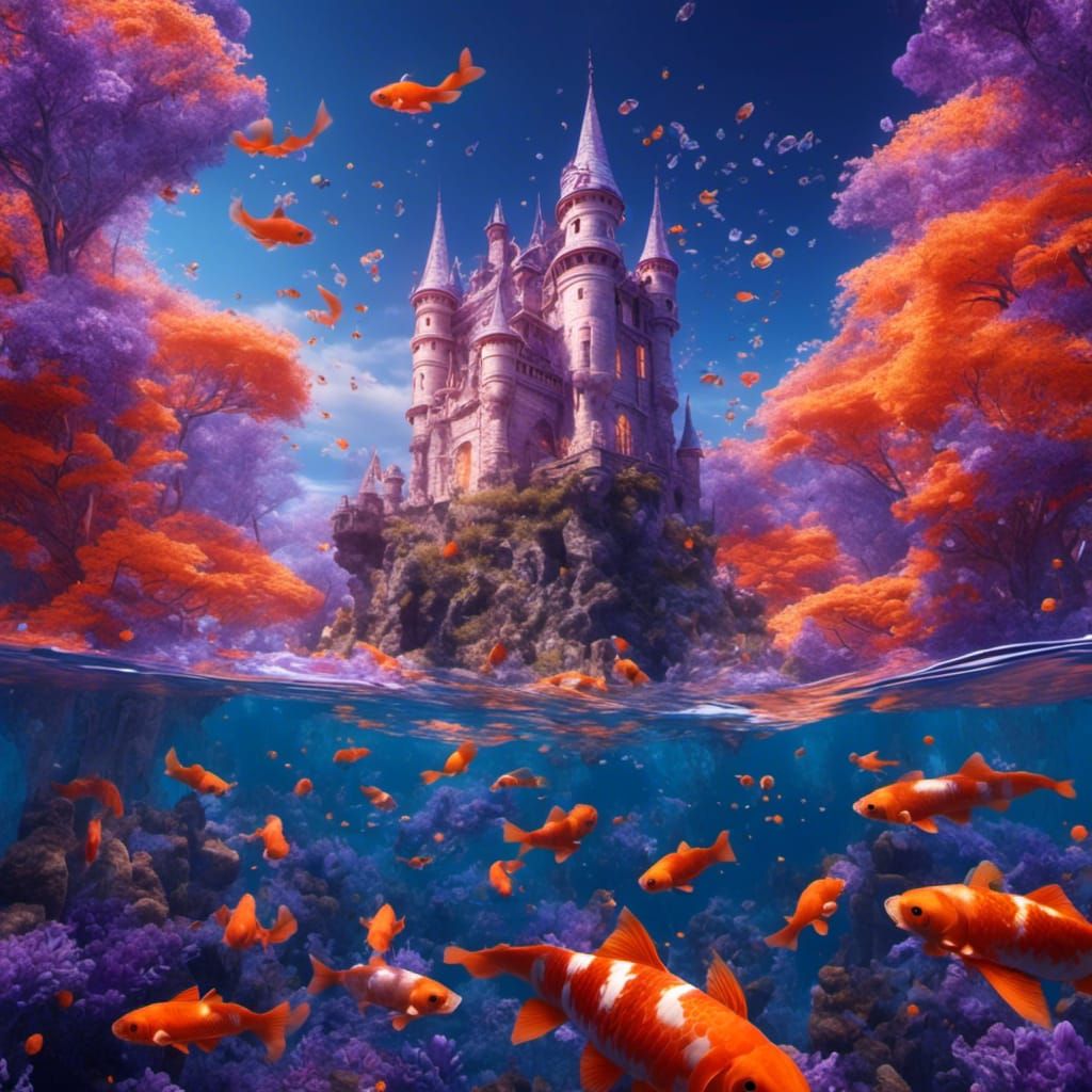 Magical Underwater Castle with Orange Koi Fish