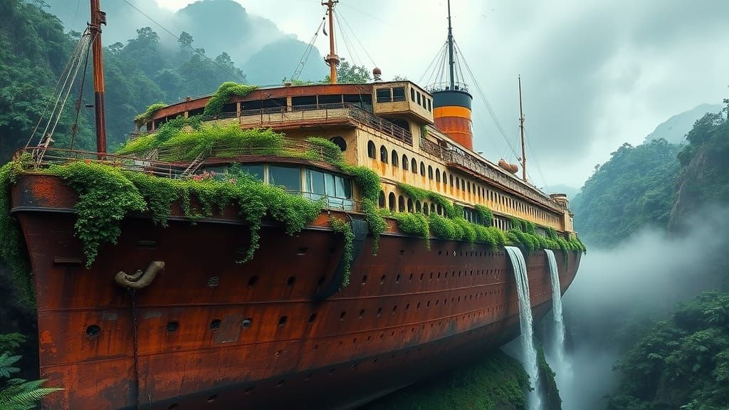 Ancient Cruise Liner in Verdant Jungle Ruin
