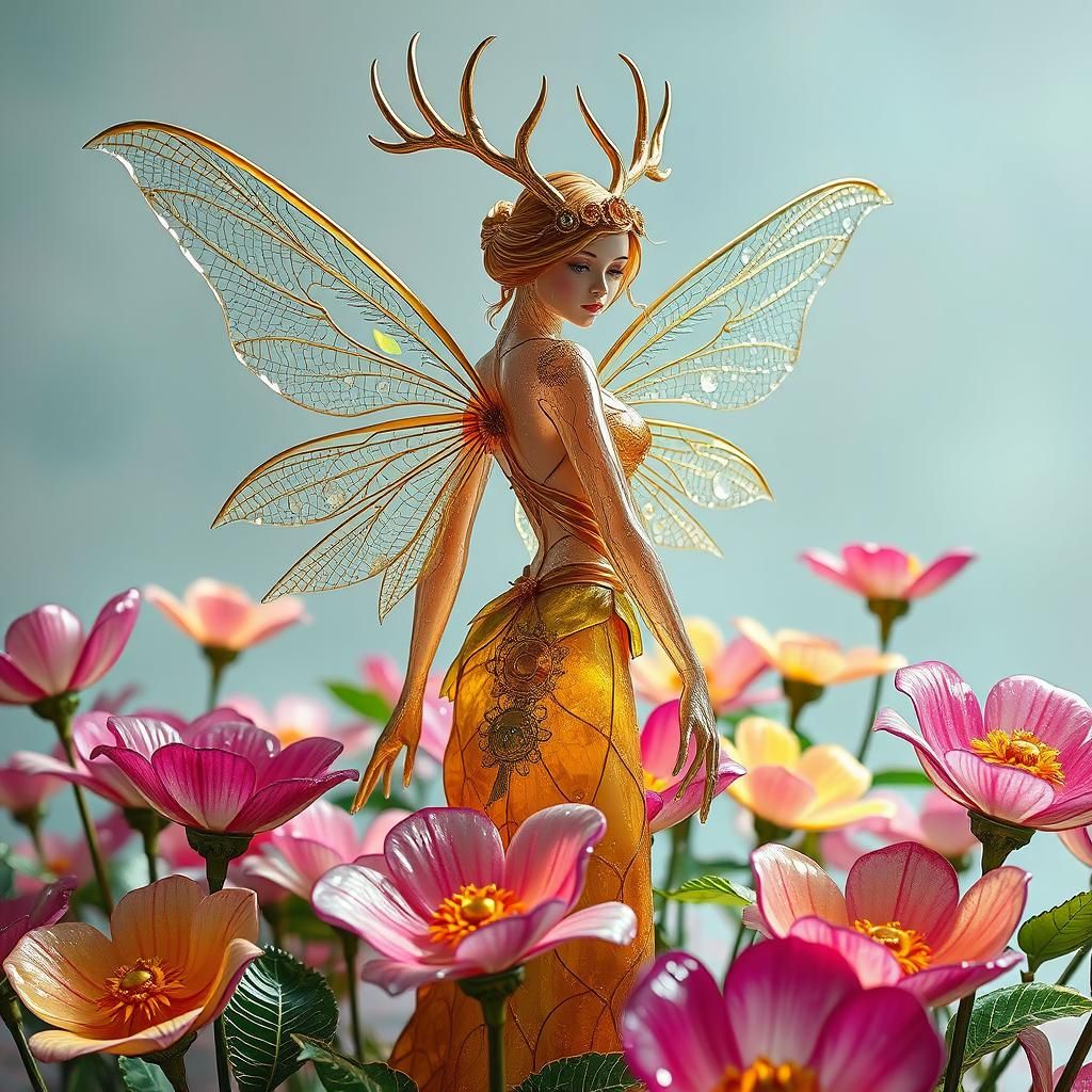 Hyper-realistic, high-detailed, lifesized glass sculpture. Medium shot.  Steampunk Glass fairy woman, leaf clad , golden...