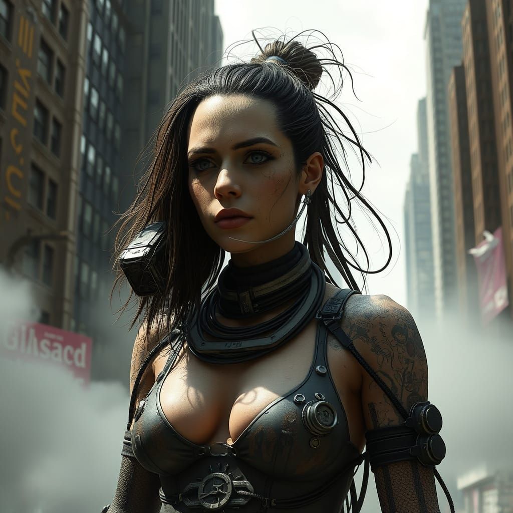 Post-Apocalyptic Woman With Aged Cybernetics in NYC