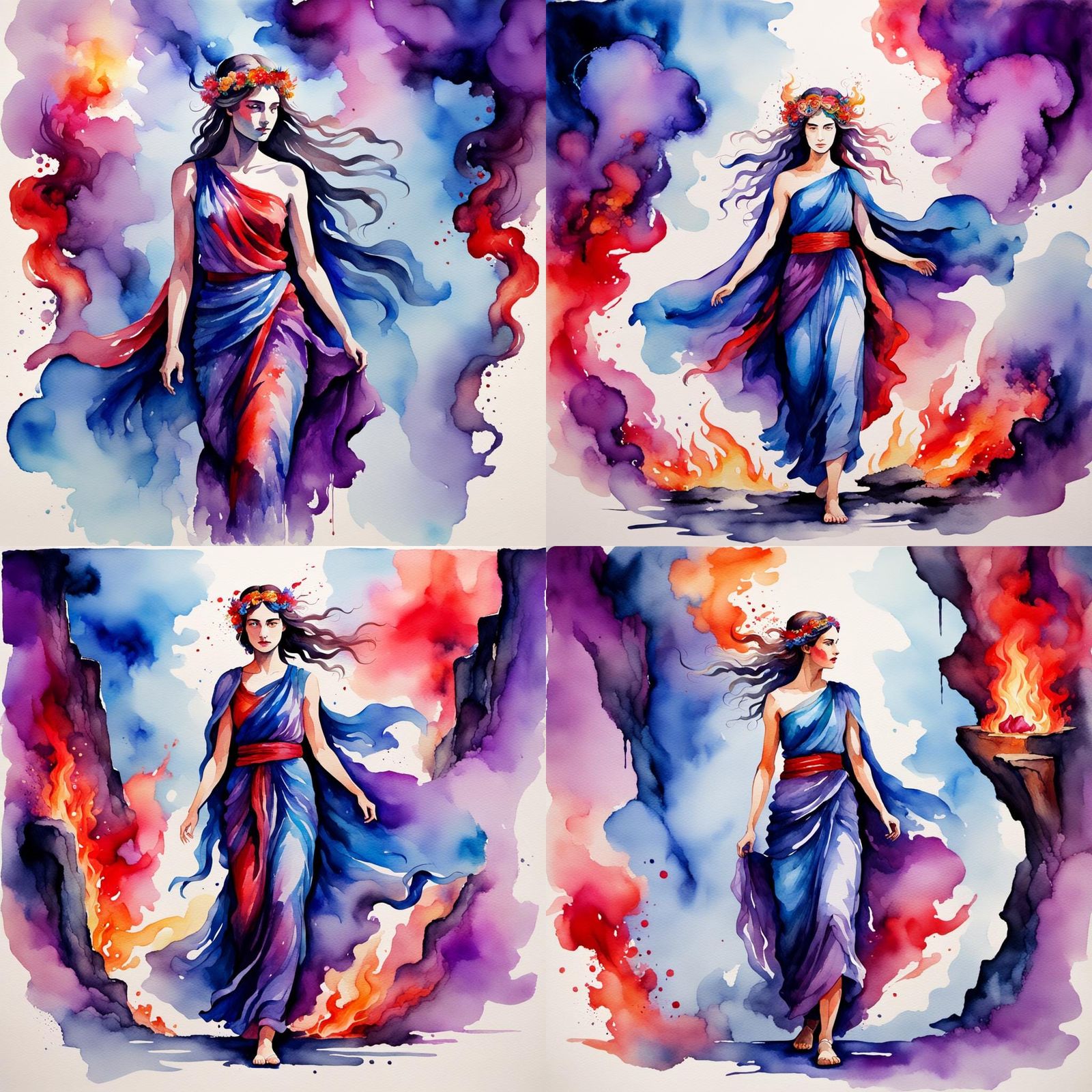 Persephone in Cavern: Vibrant Watercolor Painting