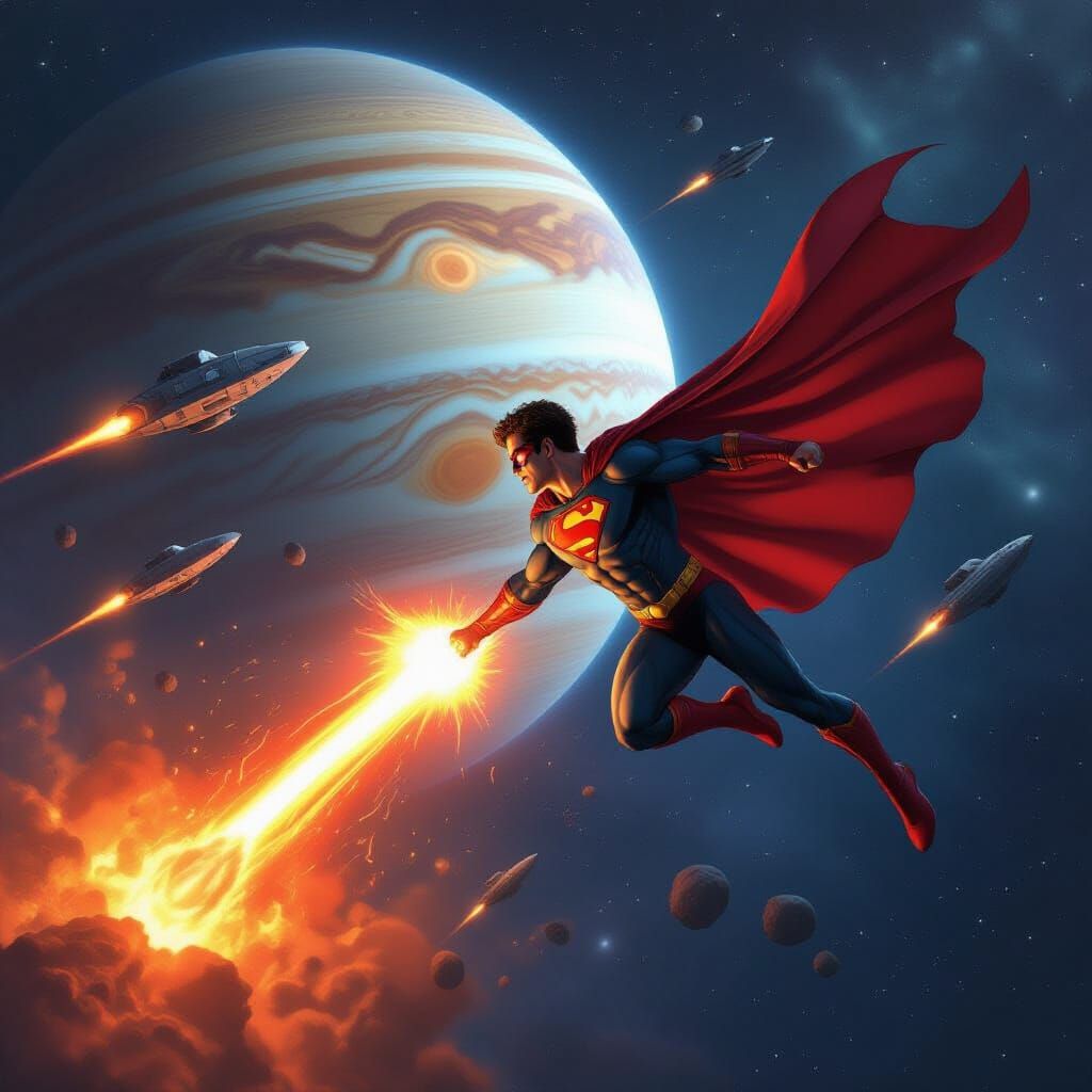 Superhero Blasts Alien Ships Near Jupiter