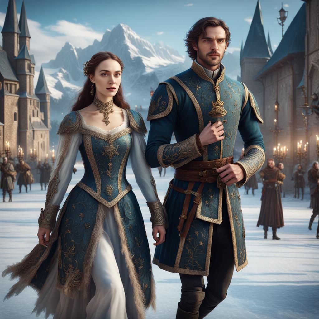 Medieval Couple Ice Skating: Detailed Fantasy Art