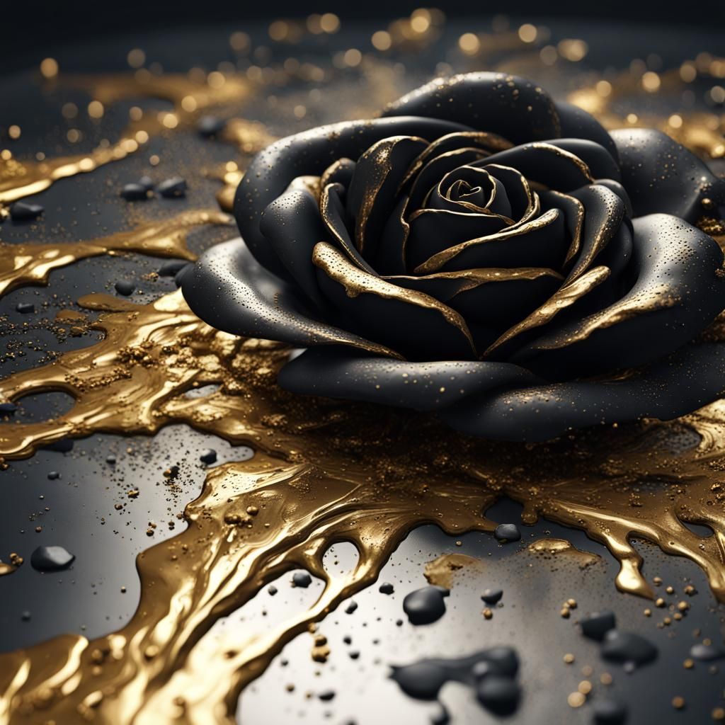 Black Rose with Gold Splatter Paint in Detailed Matte Painti...
