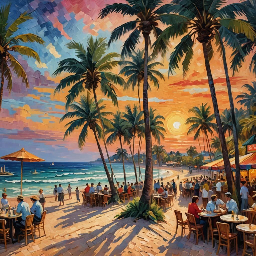 A beautiful wide-angle shot of a tropical beach at sunset. P...