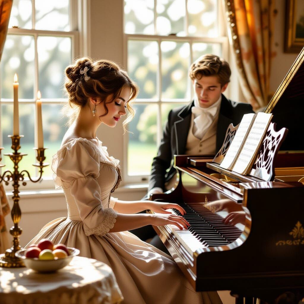 Regency Era Parlor Scene with Music and Sunlight