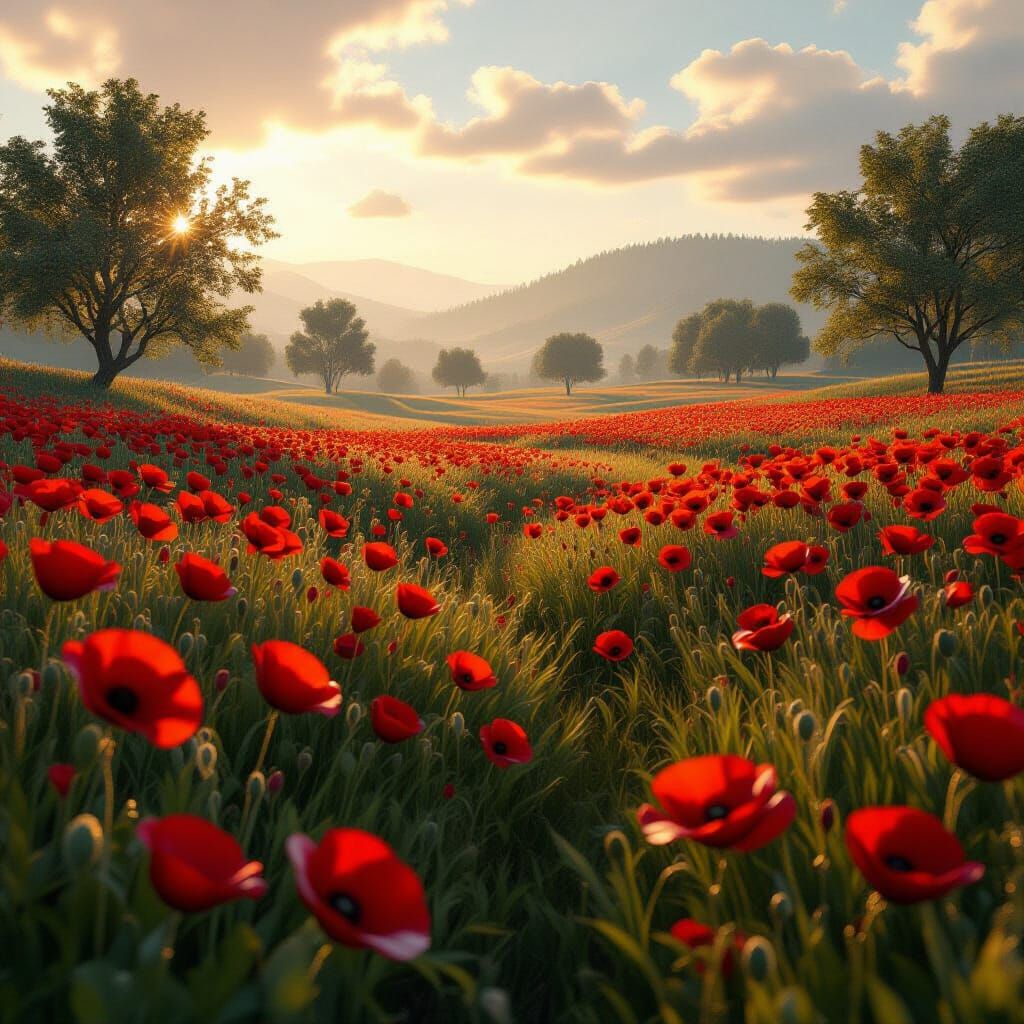 Vibrant Poppy Field with Hazy Trees in Fantasy Concept Art S...