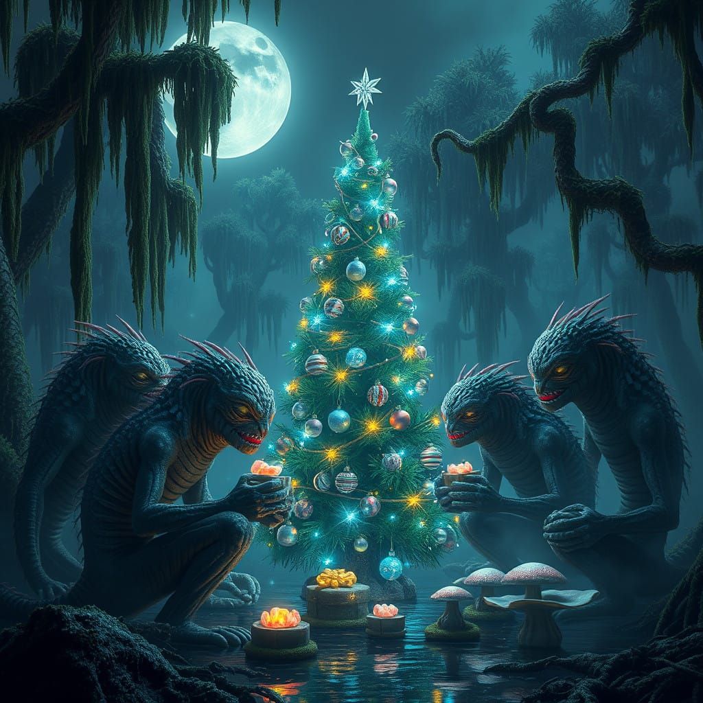 Moonlit Bayou Christmas with Swamp Monsters and Ethereal Orn...