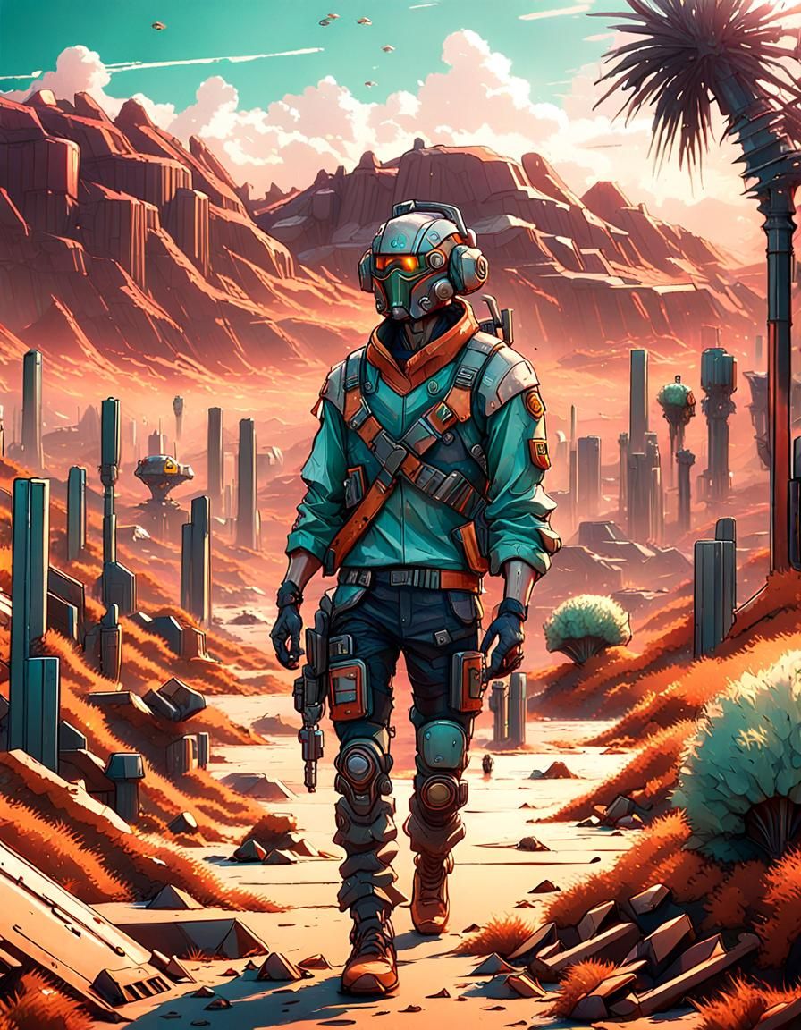 Handsome Gunslinger Wandering Desert, Retro Anime Style