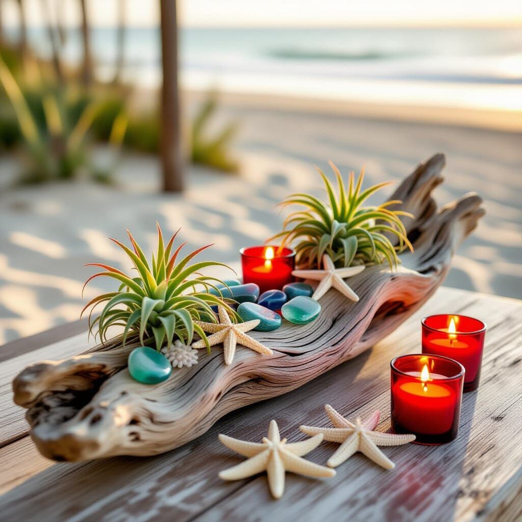 Elegant Driftwood Sculpture with Sea Glass