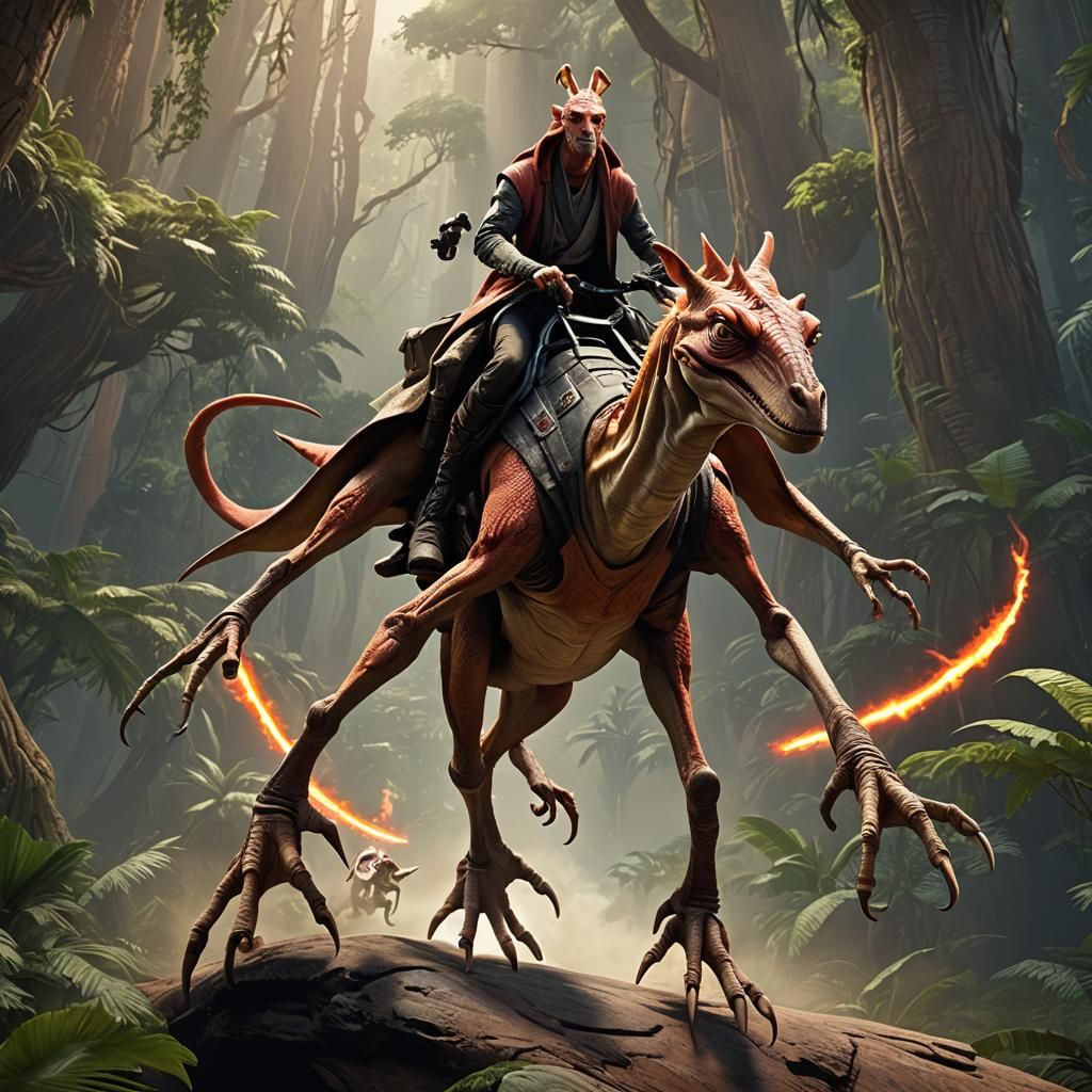 Jar Jar Binks Rides Reptile Varactyl in 3D Art