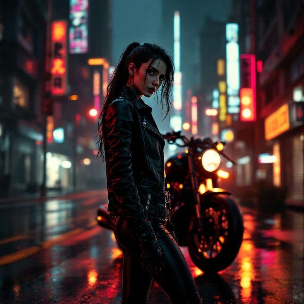 Cyberpunk Biker in Neon City at Night