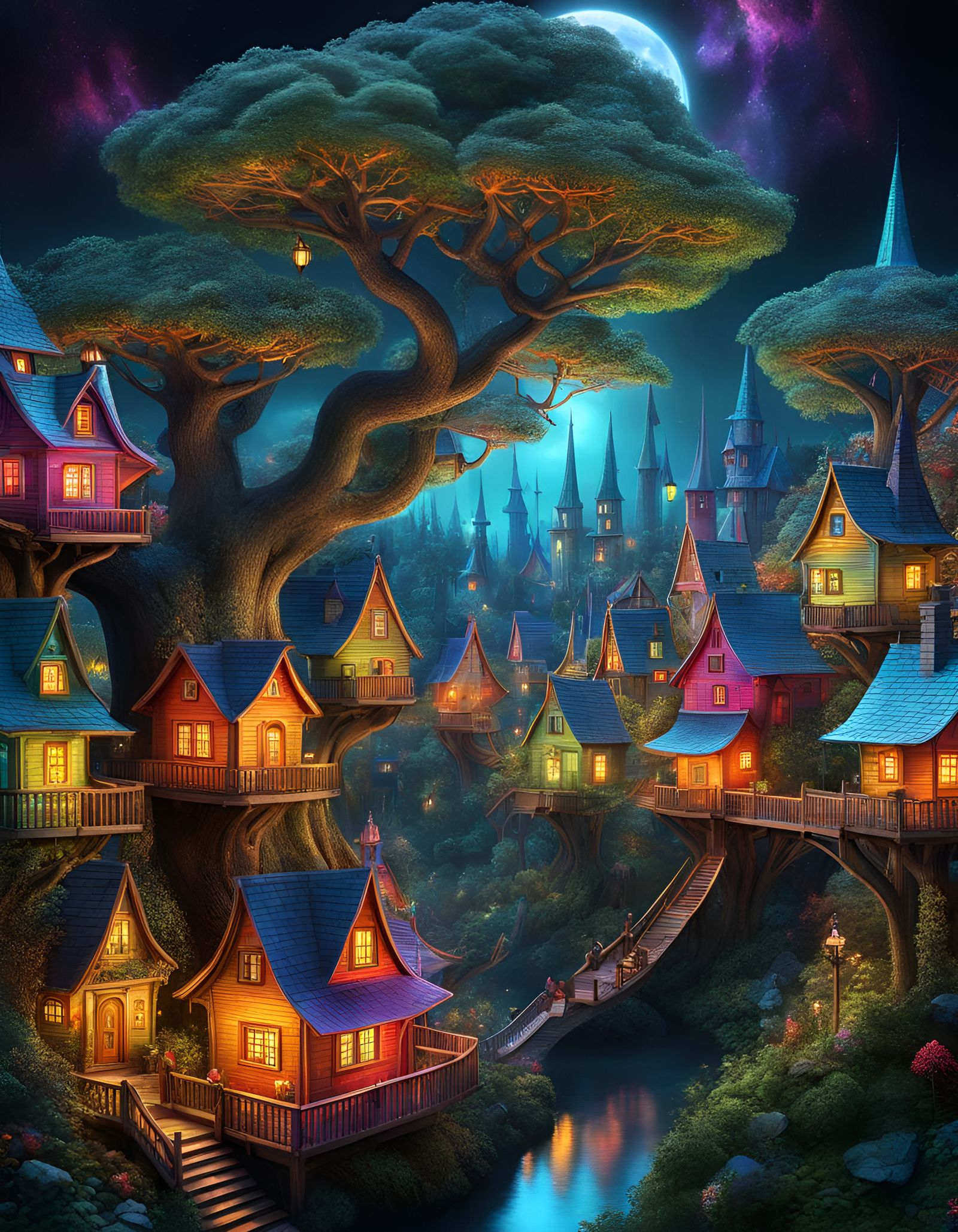 Fantasy Tree Village Hologram with Ghostly Effect