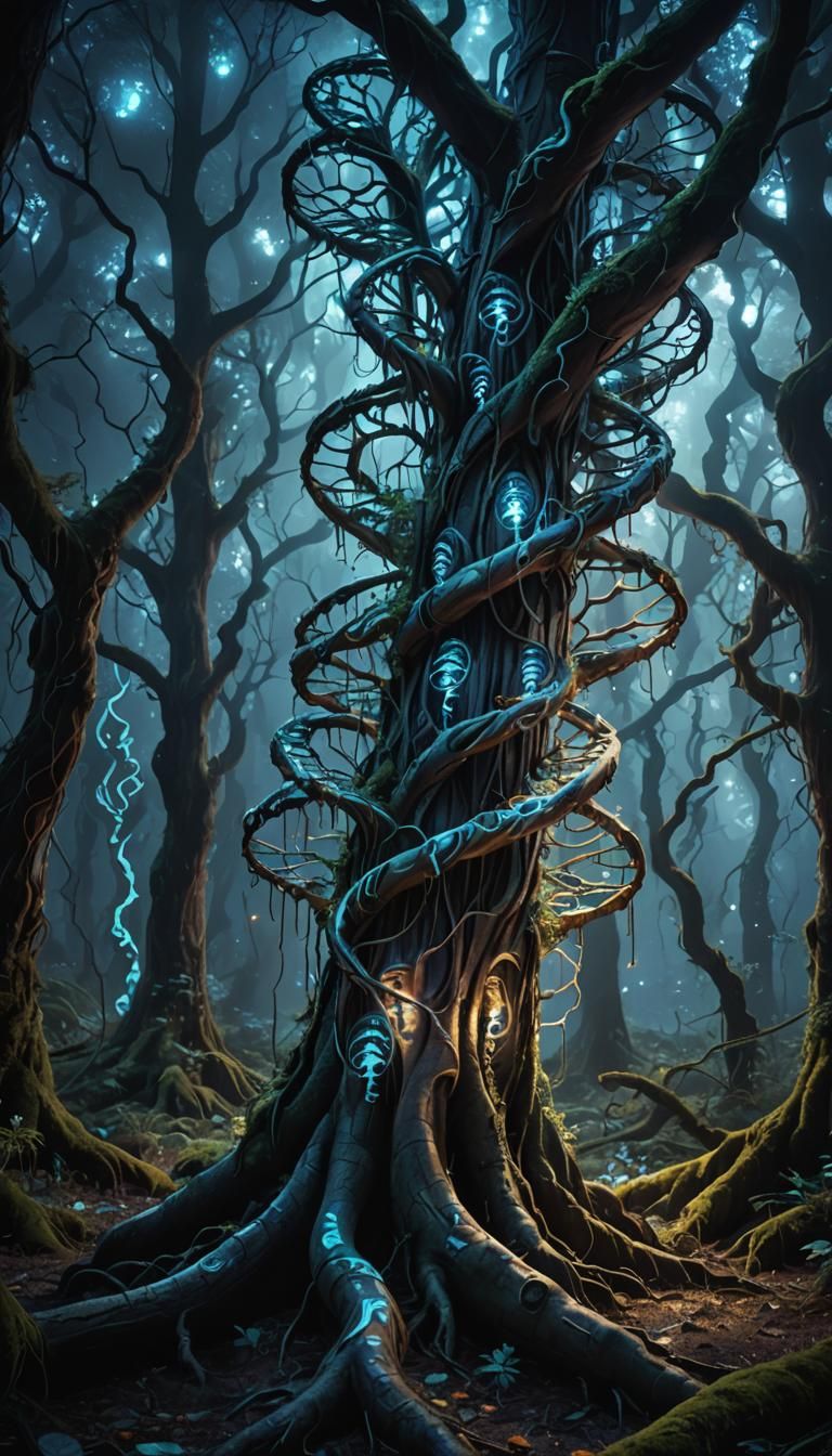 Bioluminescent DNA Helix in Mystical Forest