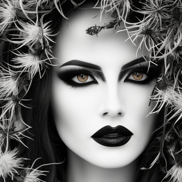 Gothic Girl Portrait with Black Plants in Line Art