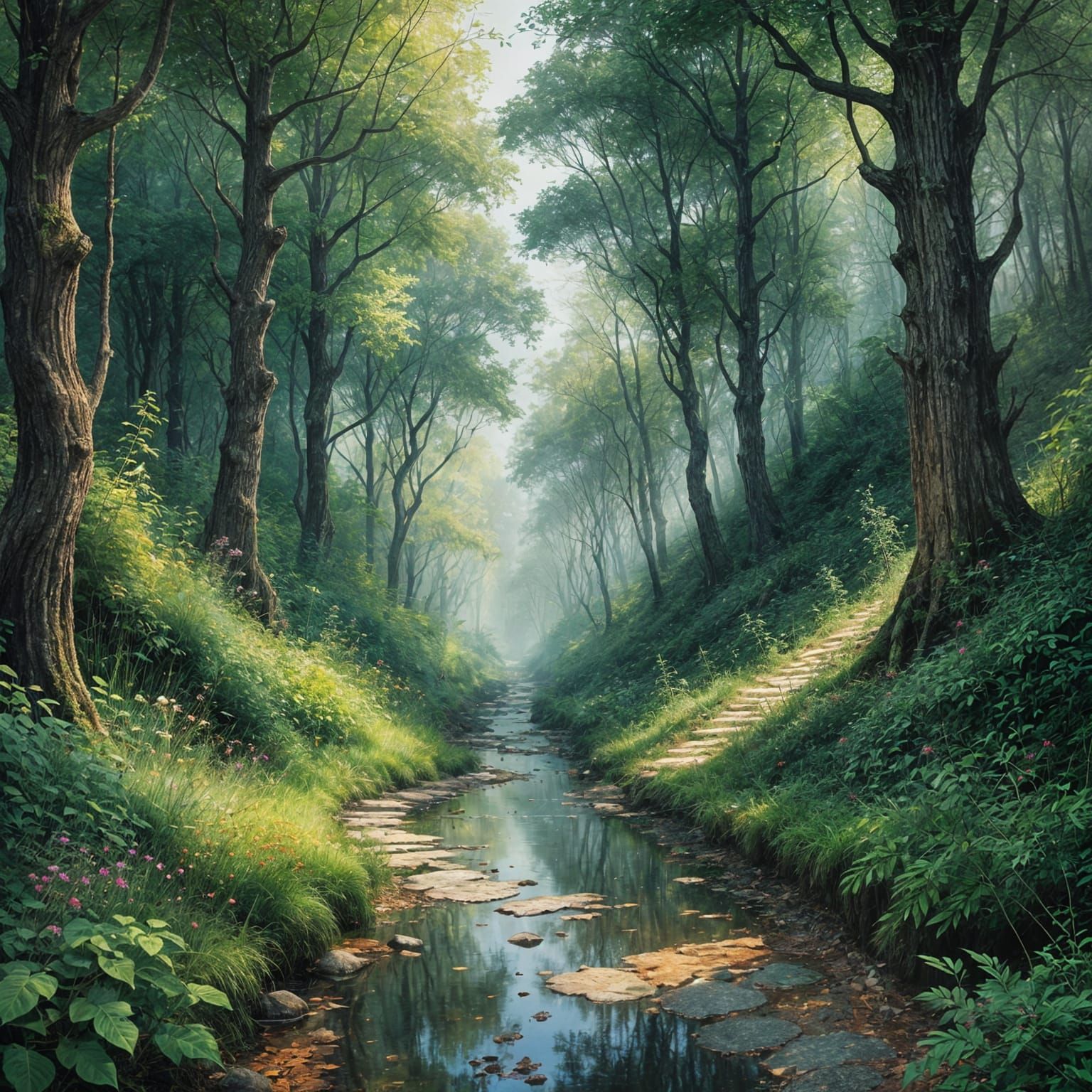 Surreal, Wet Watercolor Forest Pathway in Delirium