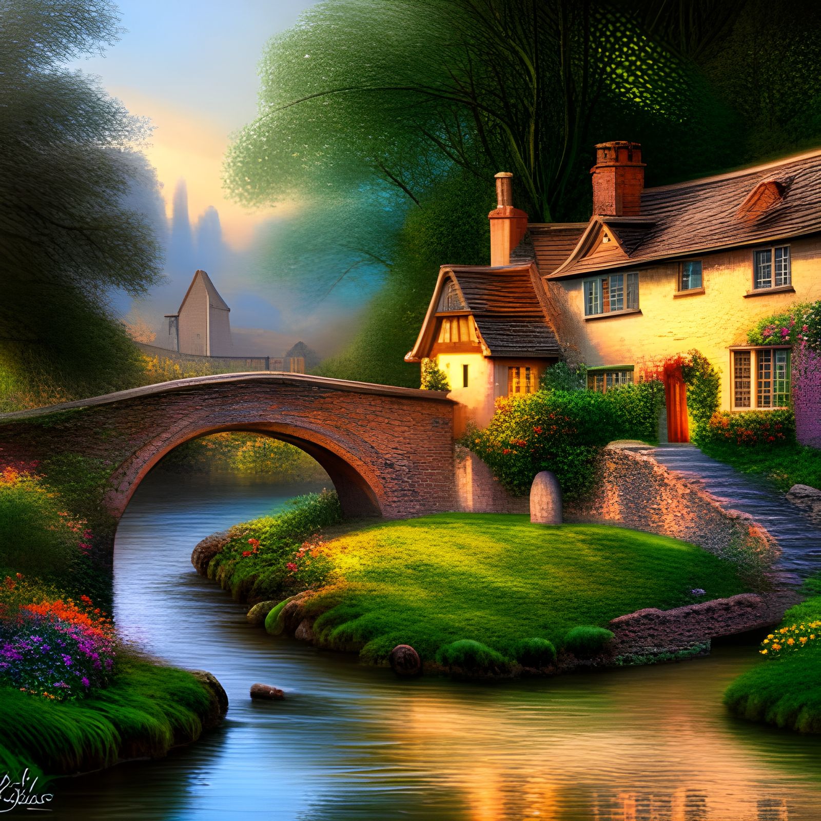 Picturesque English Village with Stone Bridge in Kinkade Sty...