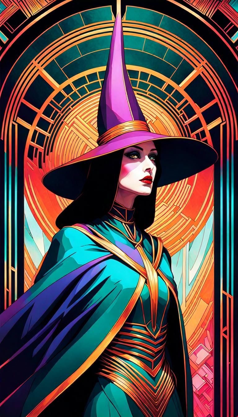 Art Deco Witch in Cybercore Geometric Landscape