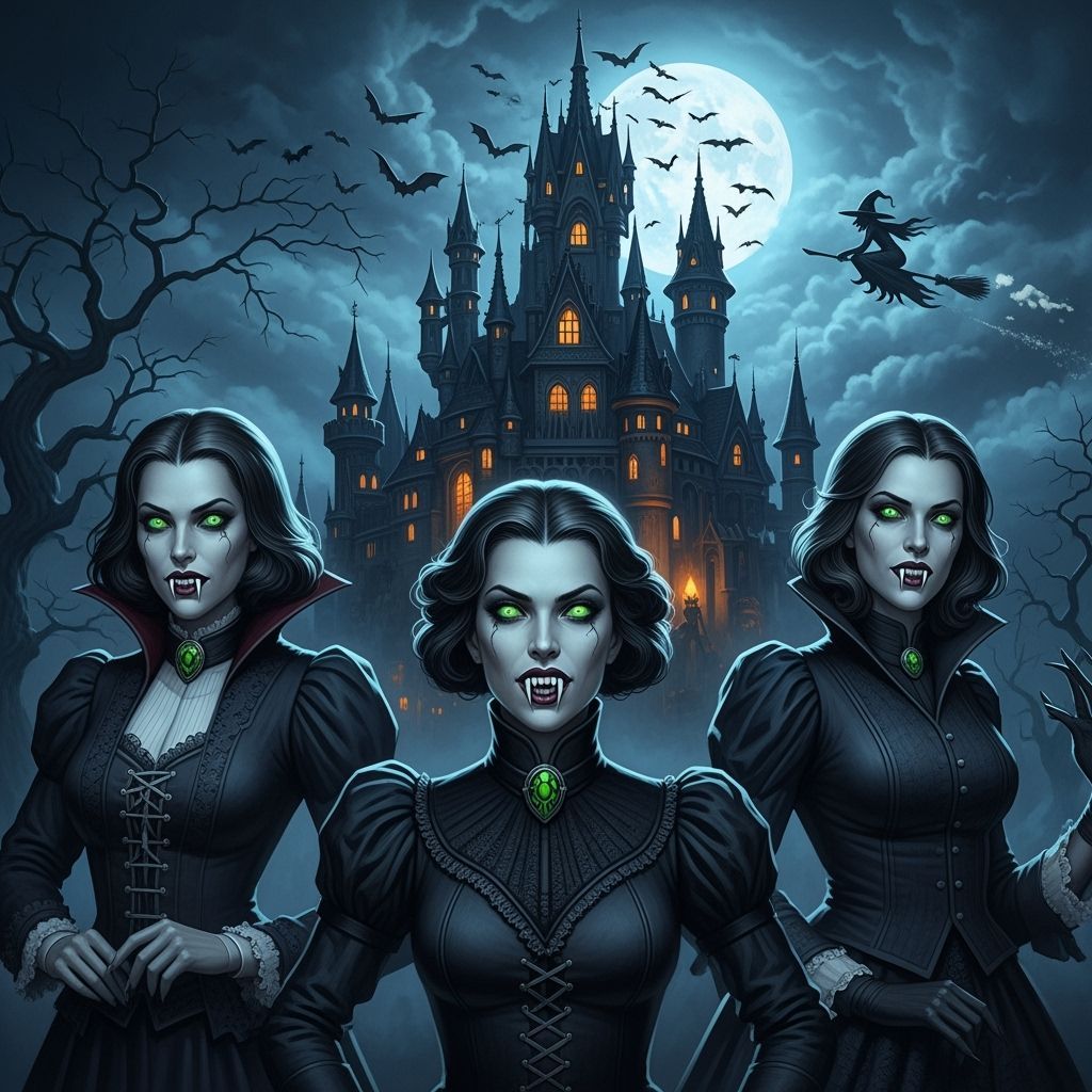 Vampires in Front of Gothic Castle, Ominous and Mystical