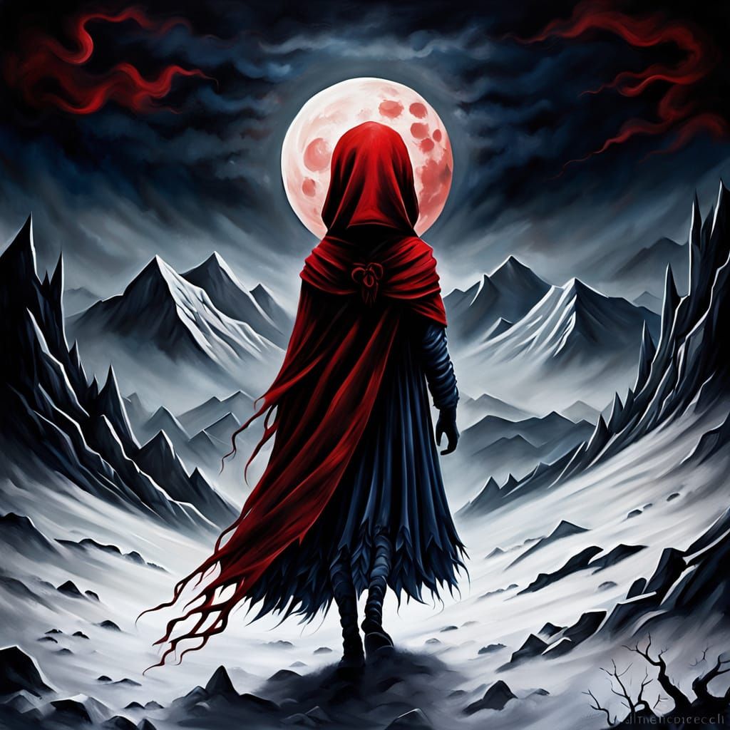Dark Fantasy Creature Under Crimson Moon, Oil Painting