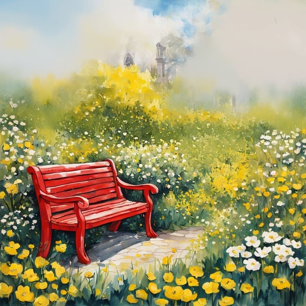 Vibrant Red Bench in Spring Garden Ink Painting