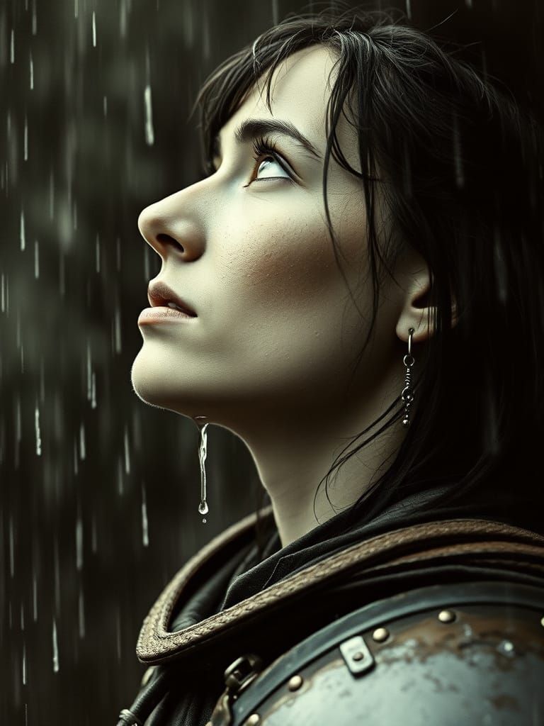 Melancholic Warrior Princess in Rain, High Contrast Photogra...