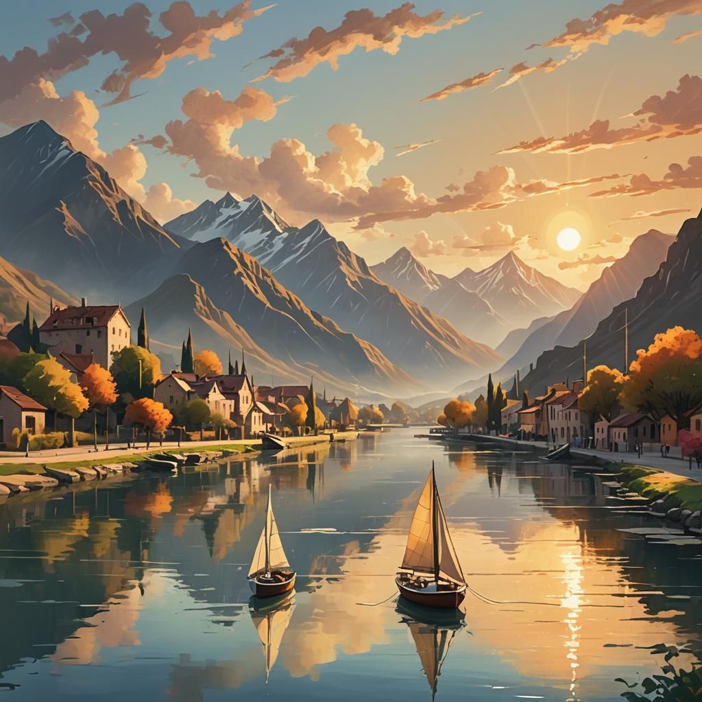 Sailboat on Canal at Sunset: Dreamy Concept Art