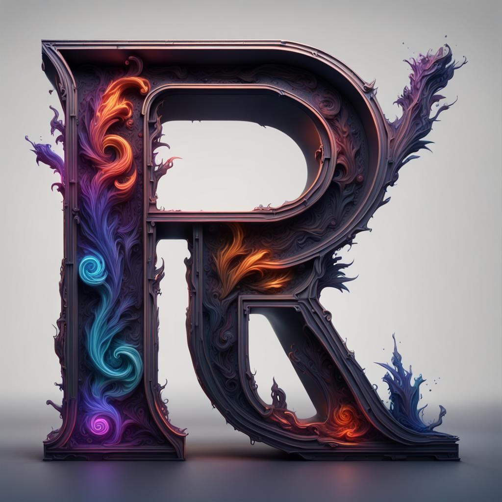 Neon Letter R in Detailed Fantasy Art Style
