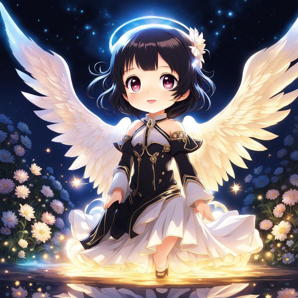 Chibi Angel with Black Hair in Dreamcore Style