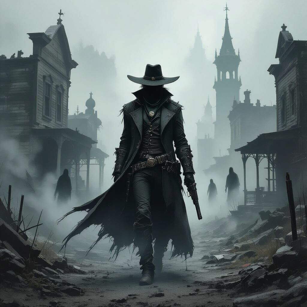 Ghostly Gunslinger in Dark Fantasy Ghost Town