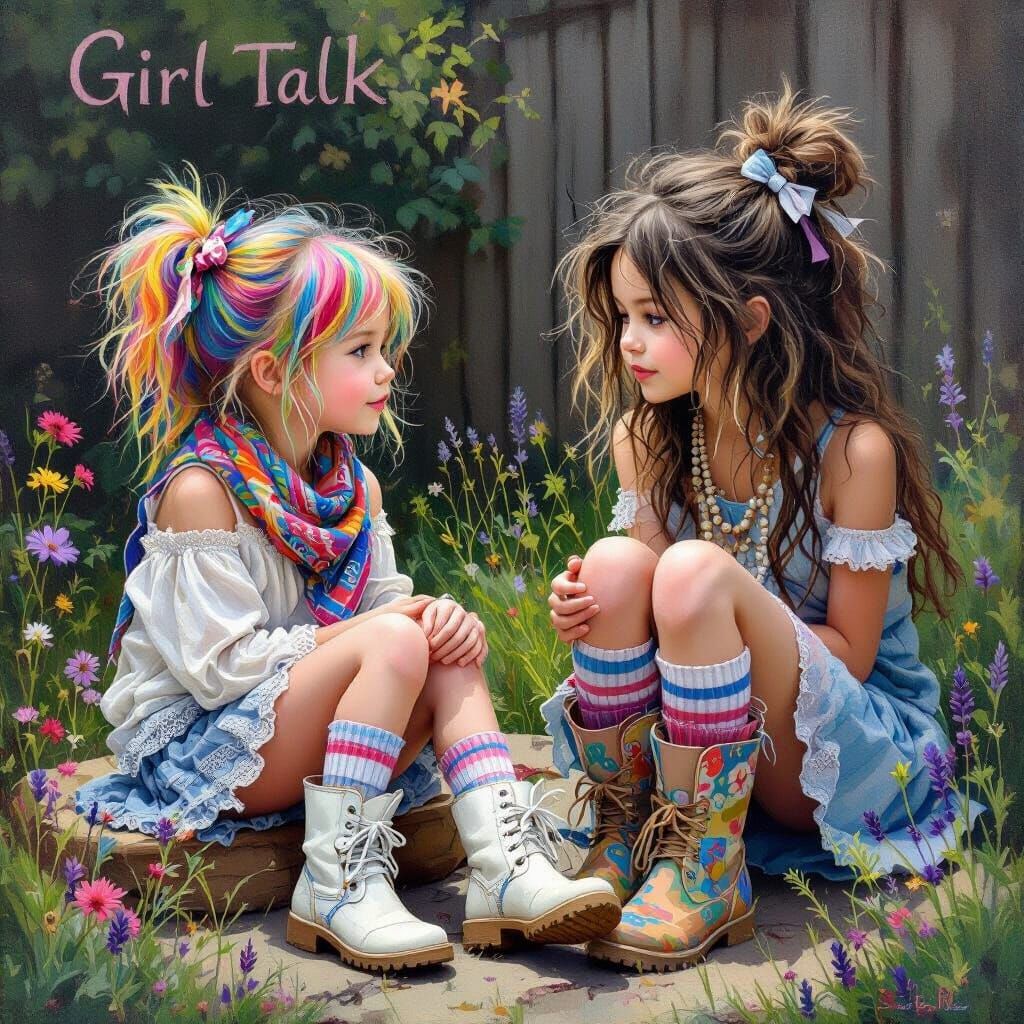 Whimsical Bohemian Girls Talking in a Backyard