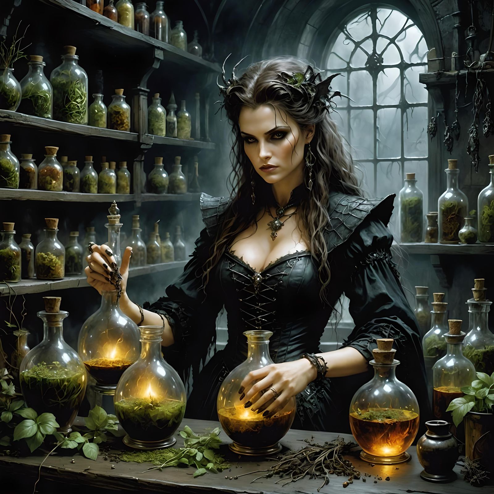 Witch in Sinister Lab, Detailed Dark Fantasy
