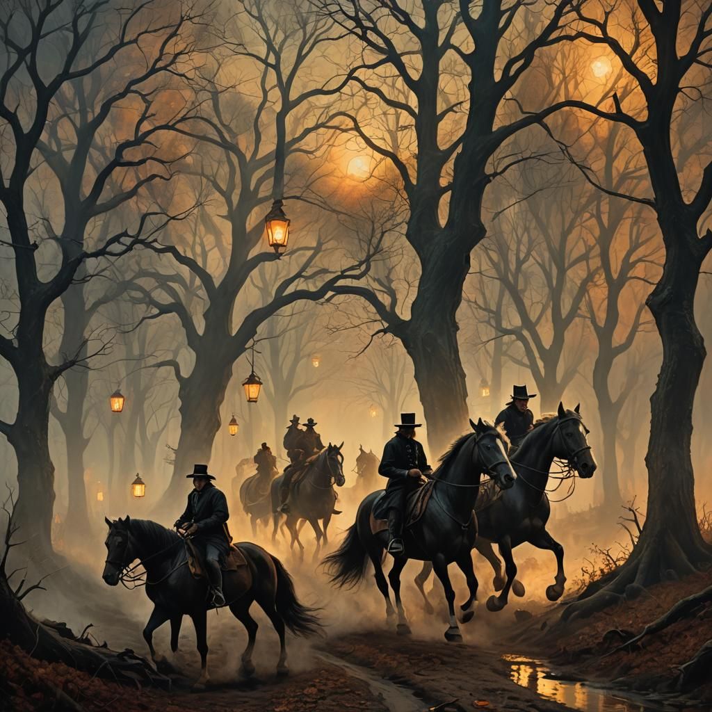 Horsemen Chase Man Through Sleepy Hollow: Dutch Master Style