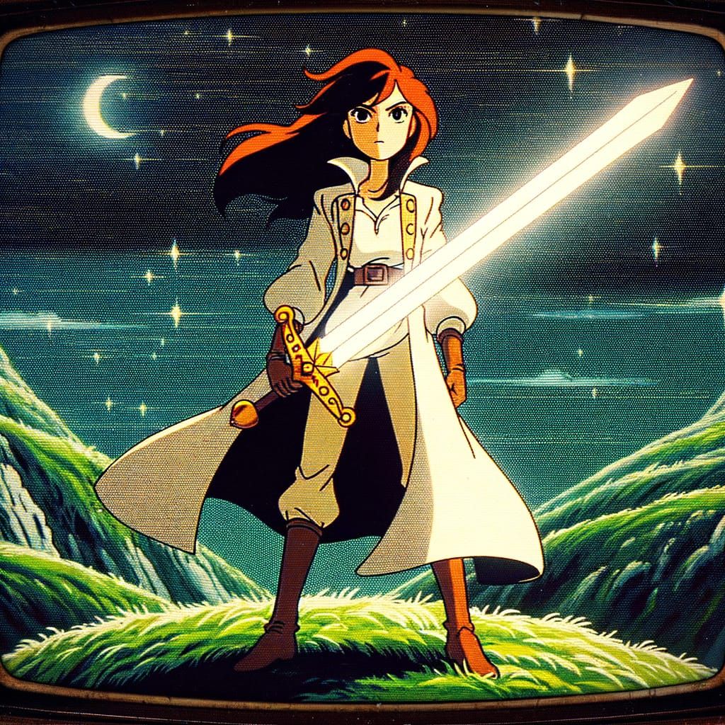 Brave Knight with Glowing Sword on Hill