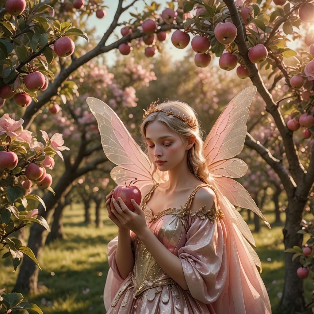 Fairy with Pink Wings in Apple Orchard: Digital Art