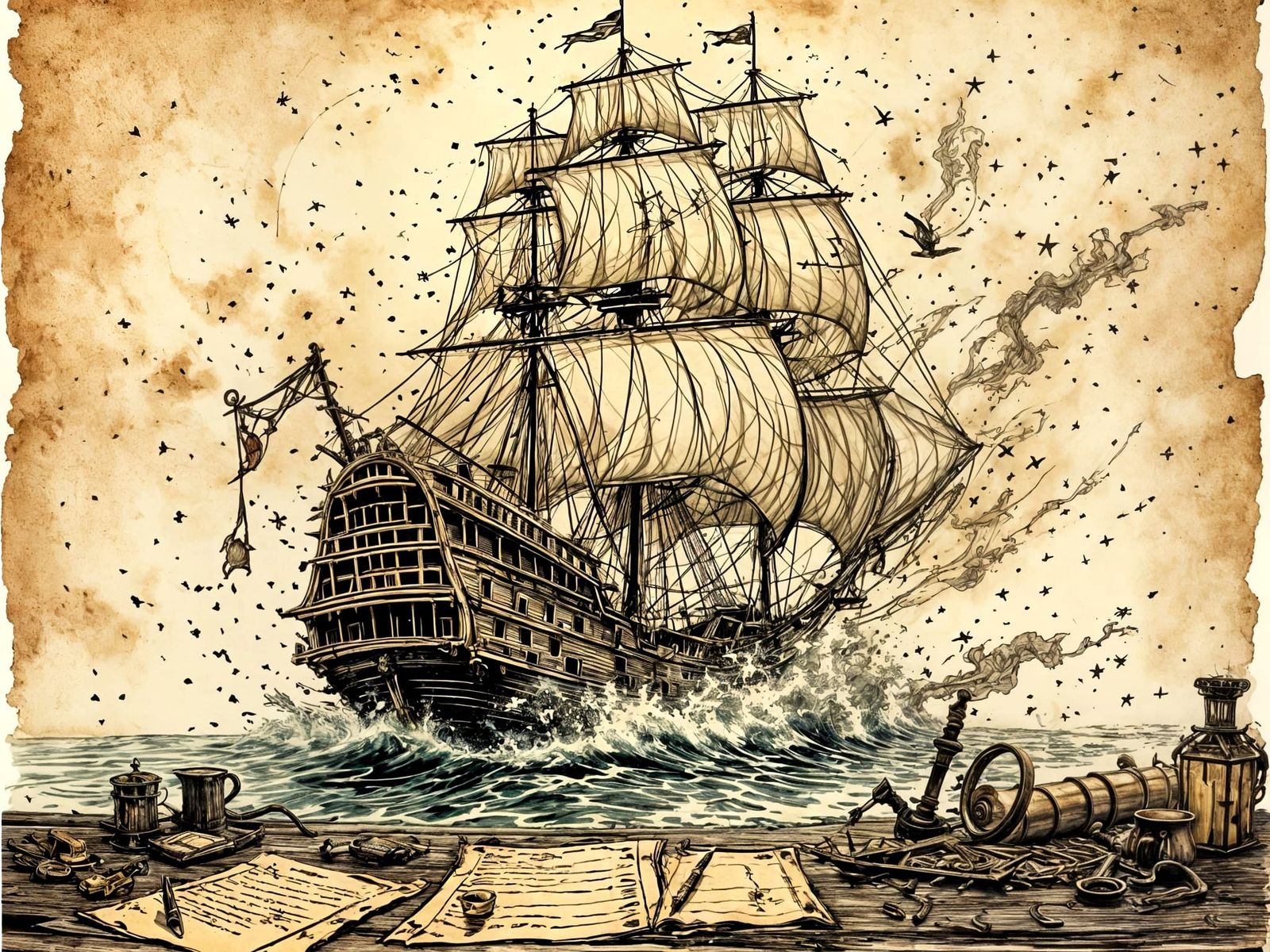 Majestic Pirate Corsair Ship Awakens in Whimsical Ink Sketch
