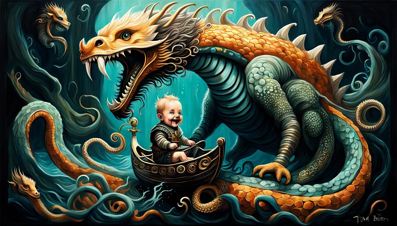 Futuristic Viking Baby with Mythical Hydra in Burton Style