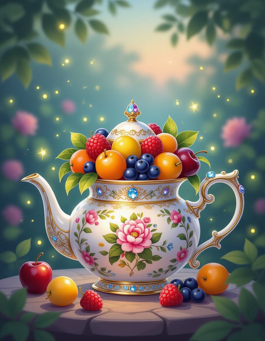 Jewel Teapot with Luminous Fruits in Twilight Garden