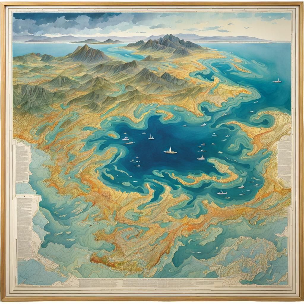 Atlantic Geological Map with Sea Monsters in Watercolor