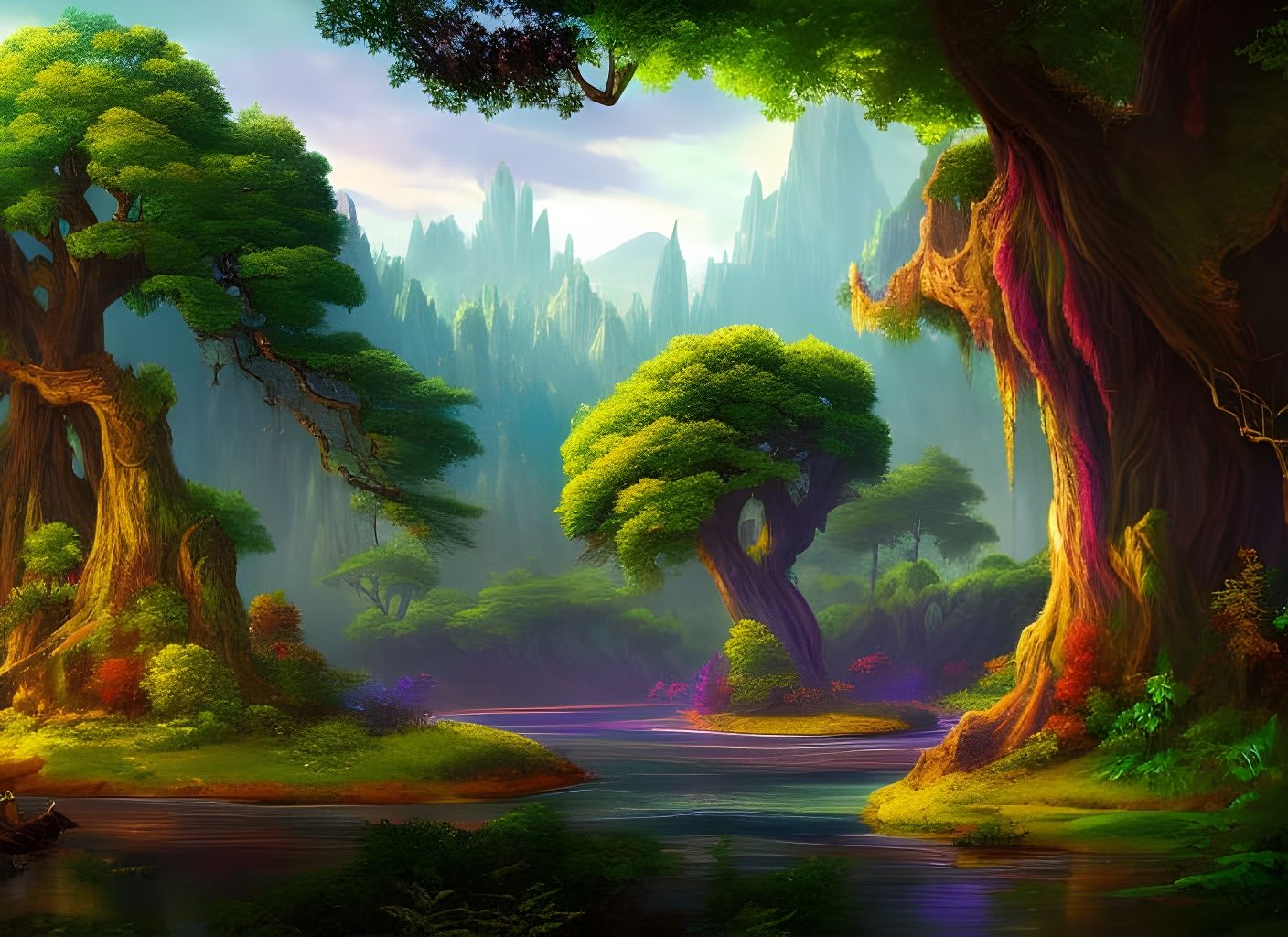 Stained Glass Fairy Town Digital Landscape Art