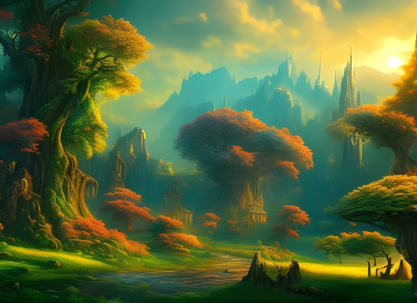 Stained Glass Faery Town: Digital Landscape Art