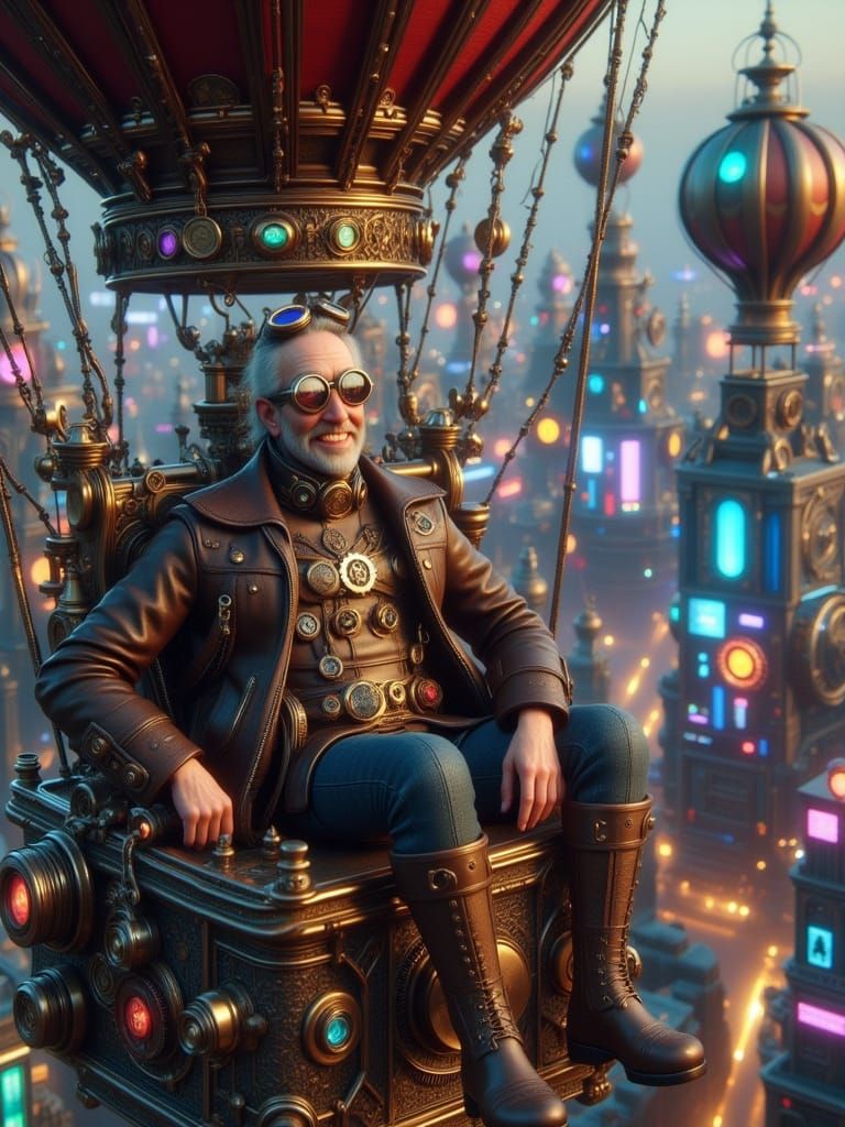 Steampunk Aeronaut Over Neon Metropolis